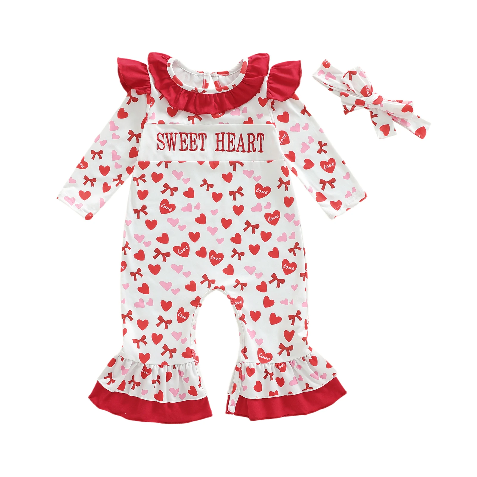 

Baby Girl Fall Outfit, Long Sleeve Heart Bow Print Jumpsuit with Headband Baby Clothes for Valentine’s Day