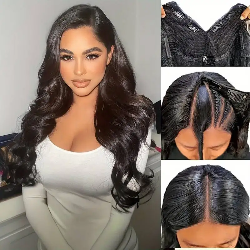18インチボディウェーブV字型分け目ウィッグ 女性用 ブラジリアンヘア 3x1 ナチュラルブラック人毛ウィッグ 220密度 機械製V字型ウィッグ