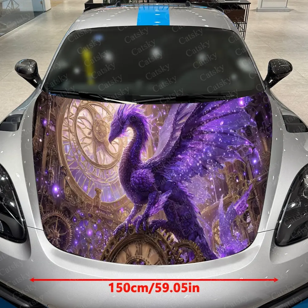 Time Mechanism Purple Dragon Car Vinyl Wrap, PVC Waterproof Car Hood Sticker, Self-Adhesive Scratch-Resistant Stickers