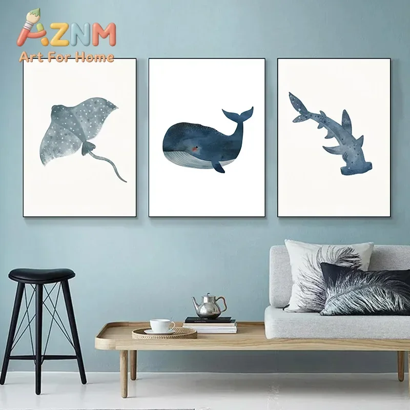 Ocean Animal Shark Turtle Dolphin Whale Fish Poster Watercolor Canvas Painting Print for Wall Living Room Nursery Home Decor