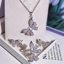 925 silver simple butterfly necklace ring earrings Korean three-piece female white zircon set party birthday jewelry gift