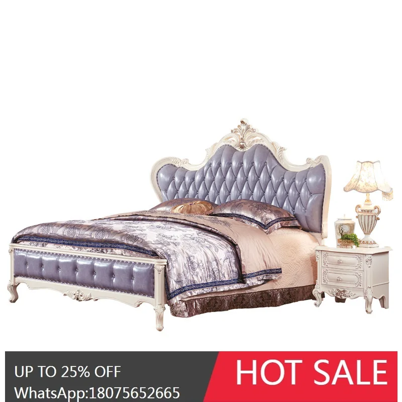 

SGF European Style Genuine Leather Bed Solid Wood Carved Double Pastoral Wedding Bed