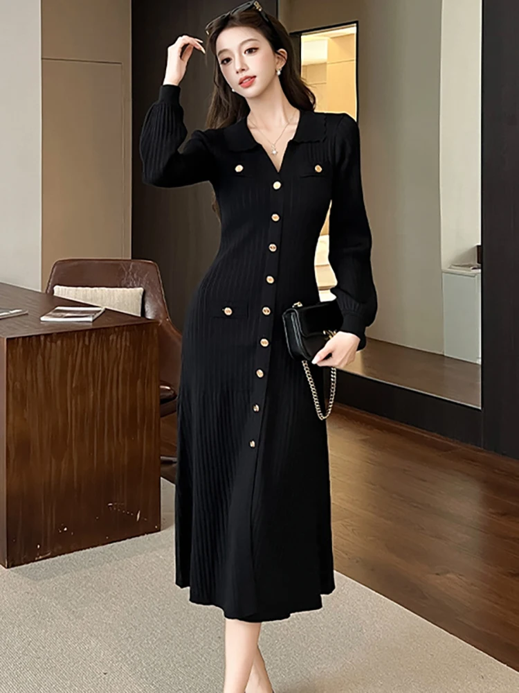 

Women Elegant Luxury International Dress Autumn Winter Black Knitted Single Breasted Dress 2025 New Korean Bodycon Sweater Dress