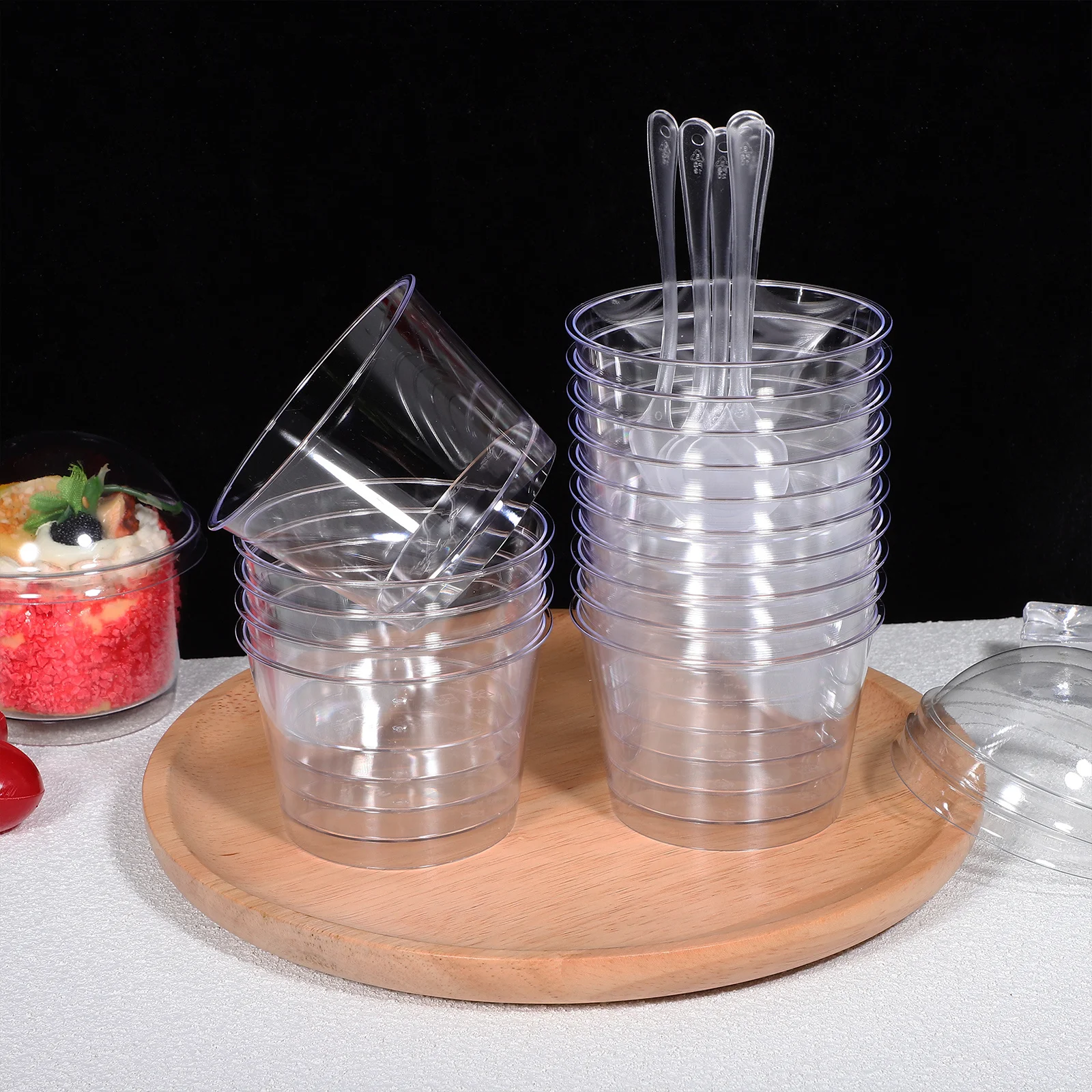 

50Pcs Dessert Cups Set Clear Plastic Small Cups Disposable Mousse Pudding Containers Lids Spoons Party Picnic Serving Bowls