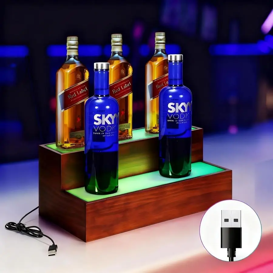 Rak Pajangan Botol Minuman Berlampu 16 Inci, Rak Bar LED 2 Tingkat, Rak Bar Minuman untuk Bar Rumah