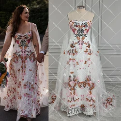 Customized Boned Strapless Colorful Embroidered Wedding Dress Real Photos Blossom Florals Bridal Gown With Long Batwing Sleeves