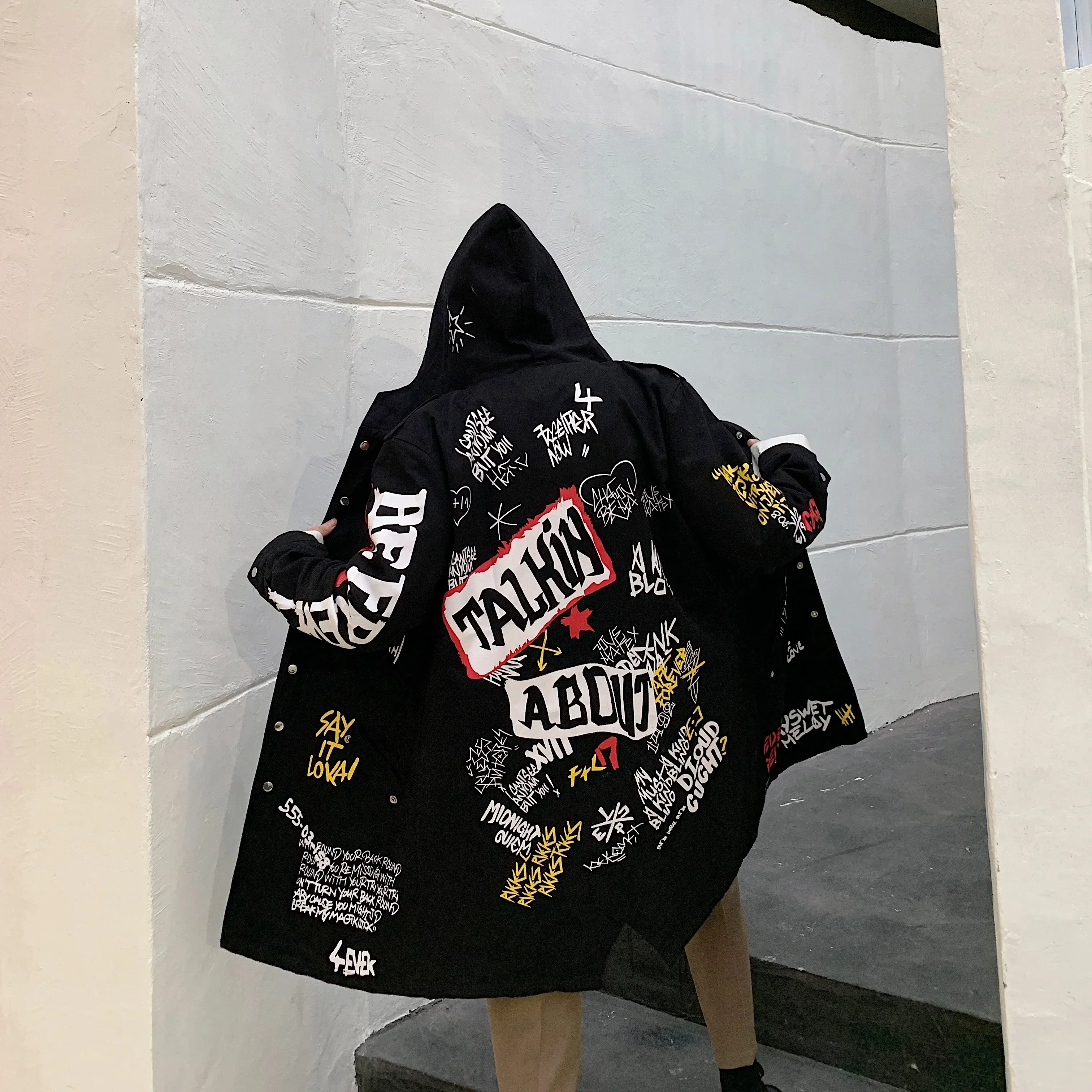 

New Print Jacket for Men Graffiti Trench Coat Hip Hop Clothing Teen autumn Fashion trend harajuku streetwear Long Windbreaker