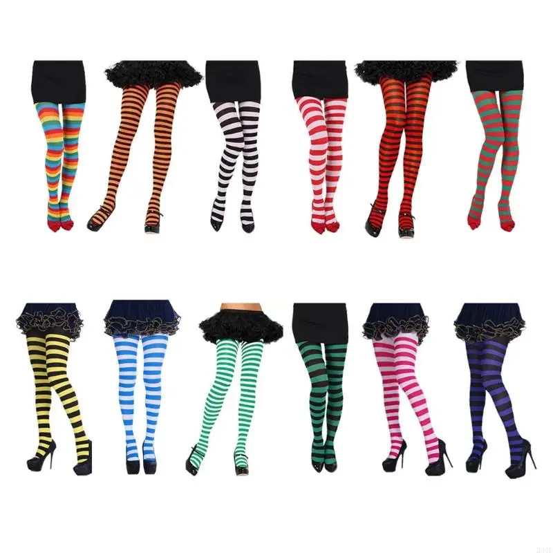 340F Women Multicolor Striped Tights Full Length Footed High Waist Leggings Elastic Long Stockings Pantyhose for Mardi Gras