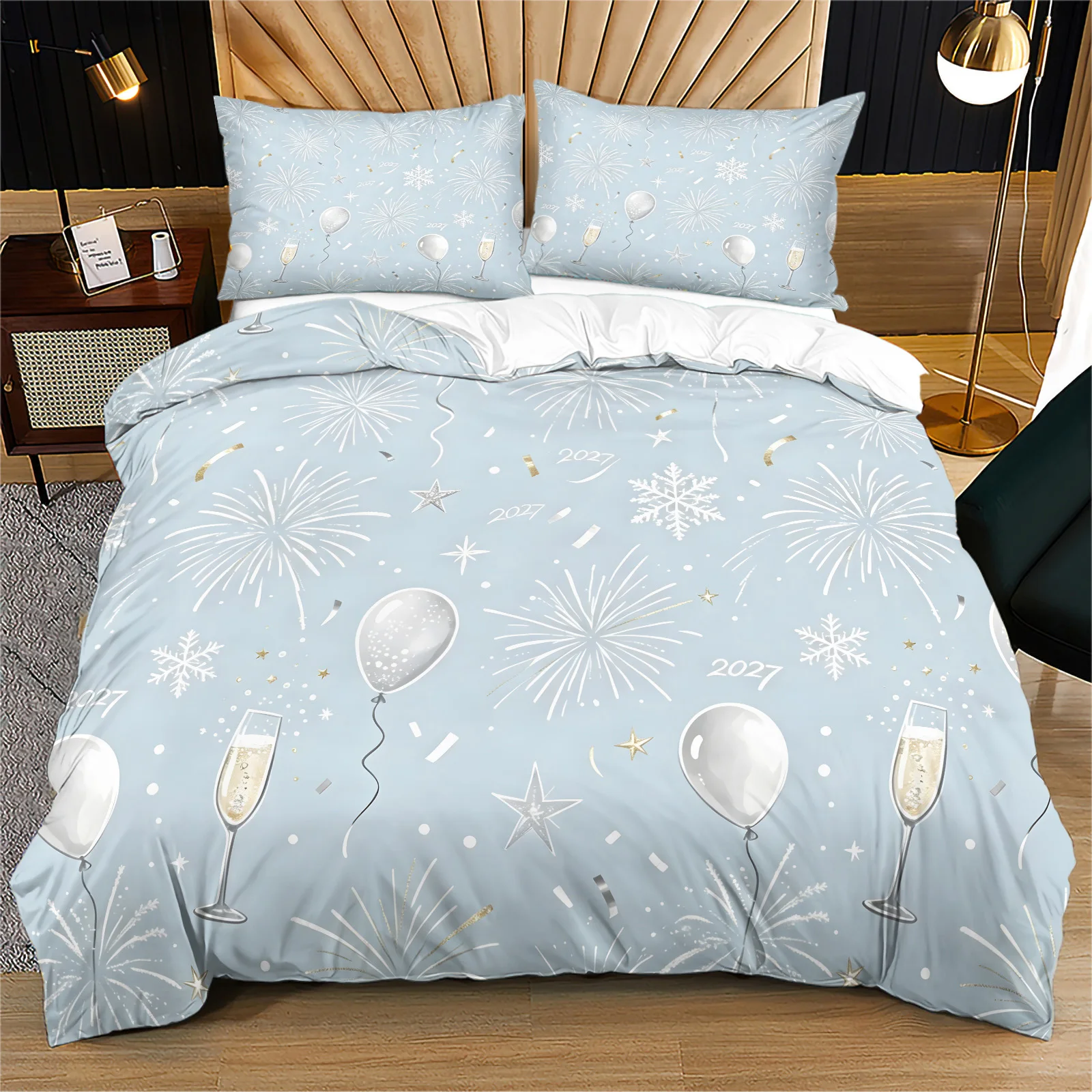 2027 New Year Bedding Set Light Blue Firework Print Duvet Cover Set Snowflake Star Balloon Pattern Microfiber Holiday Bed Linen