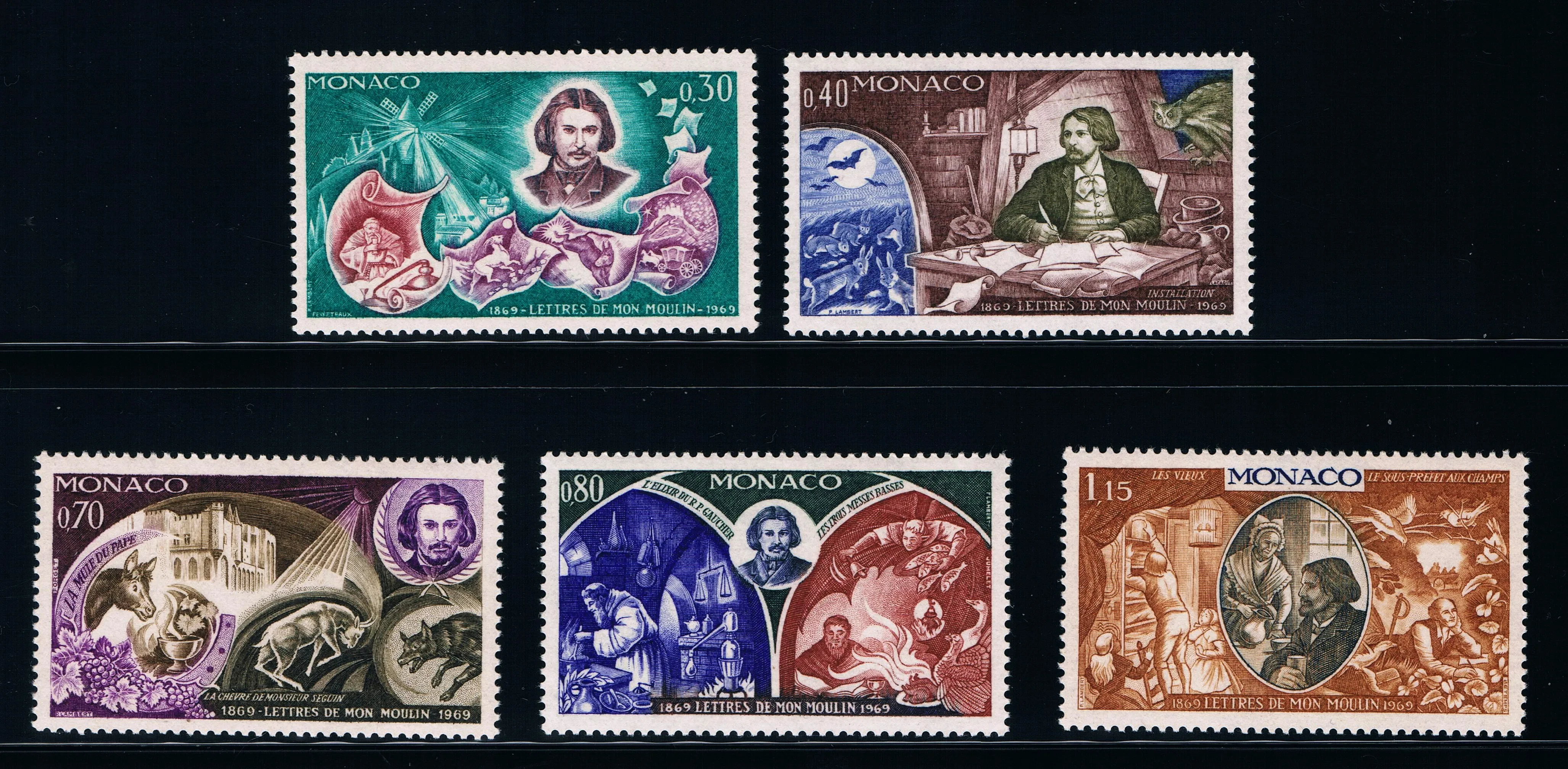 5Pcs/Set New Monaco Post Stamp 1969 Illustration of Tudor's Novel Mill Letter Sculpture Stamps MNH