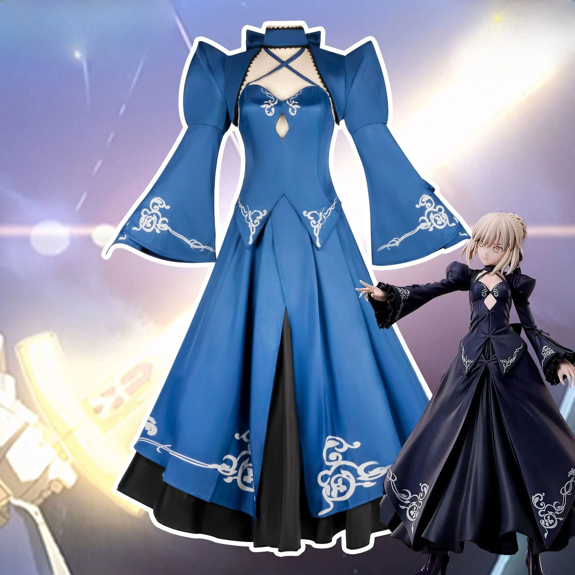 Juego Fate/Stay Night Altoria Pendragon disfraz de Cosplay Saber azul vestido de noche de manga larga traje de combate traje Sexy para mujer