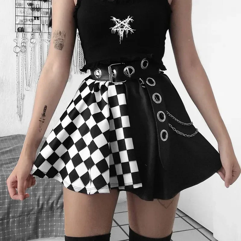 

Юбка Y2k Harajuku, темная девушка, контрастная клетчатая строчка, сексуальная летняя сексуальная готическая юбка с высокой талией