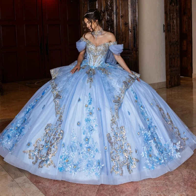 

Небесно-голубое блестящее платье Quinceanera с открытыми плечами и аппликацией из цветов и бусин с бантом из тюля для вечеринки, дня рождения, сладкое платье 16, Vestidos 15 De