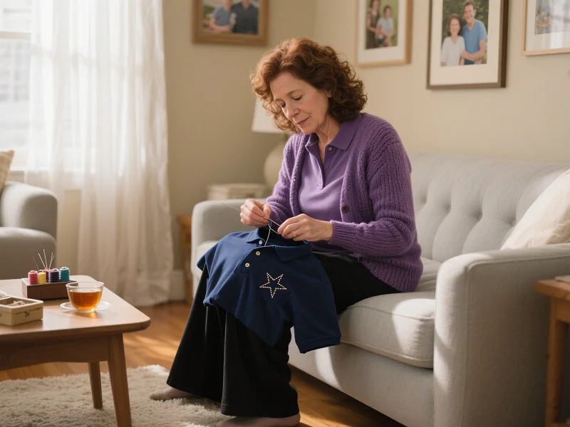 Una madre sta rammendando la polo del figlio