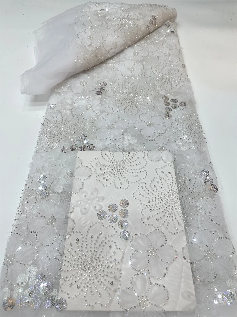 

White African Sequin Lace Fabric 2026 Beads Embroidery 3D Nigerian Bridal High Quality French Tulle Lace Fabric For Dress Sewing