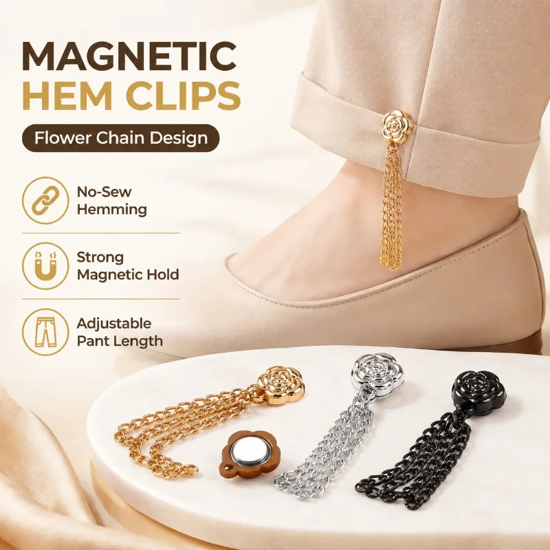 Magnetic Hem Clips for Pants, Flower Chain Design, No-Sew Hemming Fasteners for Trousers, Adjustable Pant Length Shortener,