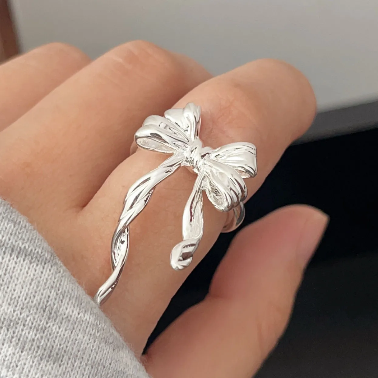 925 Sterling Silver Rings For Women Geometric Fine Jewelry Finger Adjustable Bow Tassel Ring For Party Birthday Gift