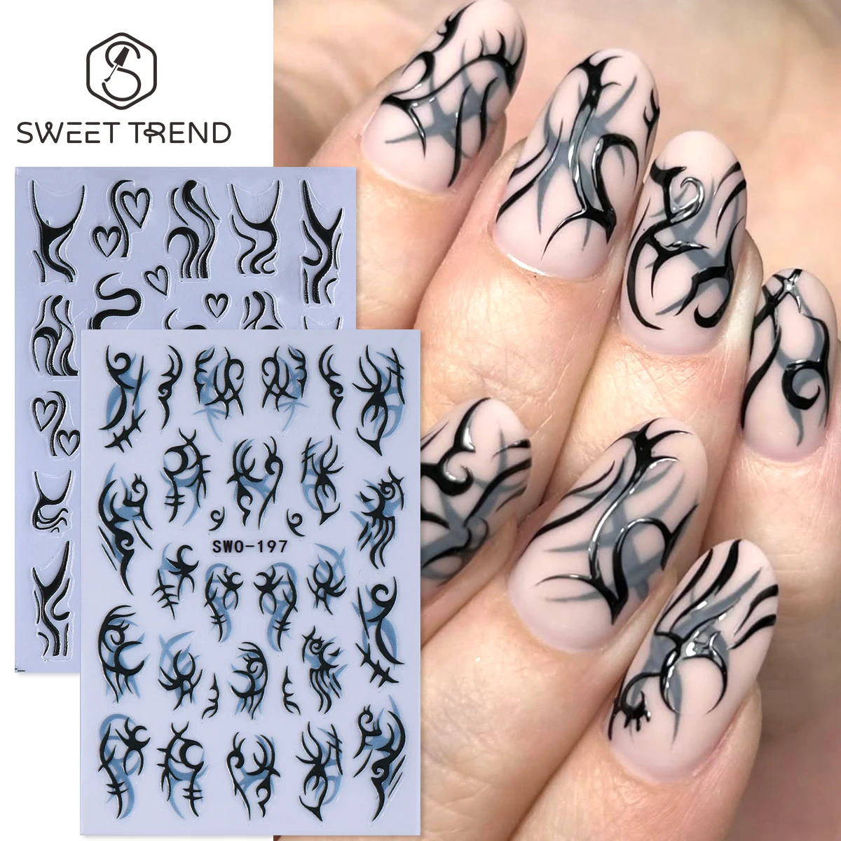 2pcs Y2K Vines Spikes Matte Nail Sticker 3D Black Blue Thorns French Style Wave Swirl Textured Decal DIY Manicure Halloween Tips