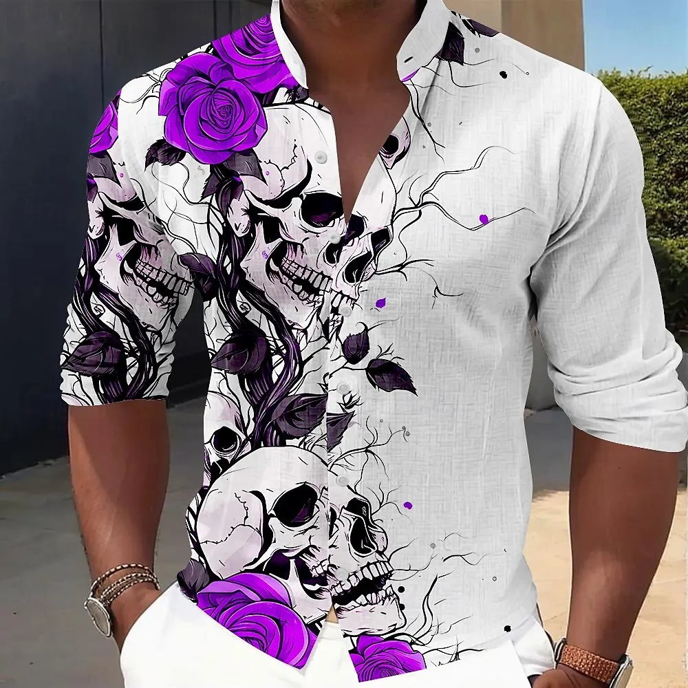 

Casual long sleeved high-end shirt top printed street party social fashion 2024 men's shirt flower and skull plus size