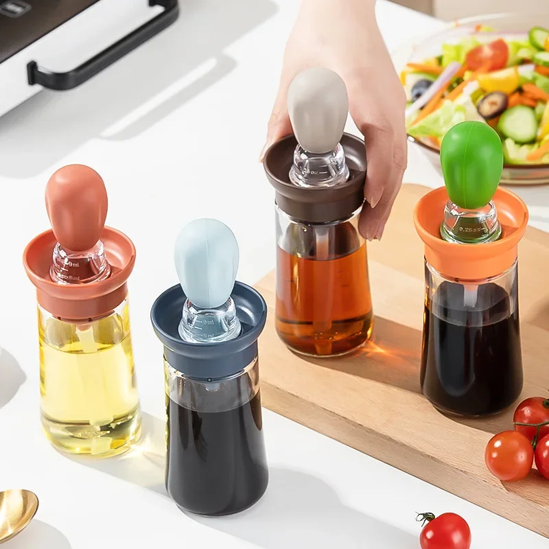 Kitchen Oil Bottle with Brush Silicone Glass Oil Container with Brush Barbecue Spray Bottle Oil Dispenser Cooking Kitchen Tools