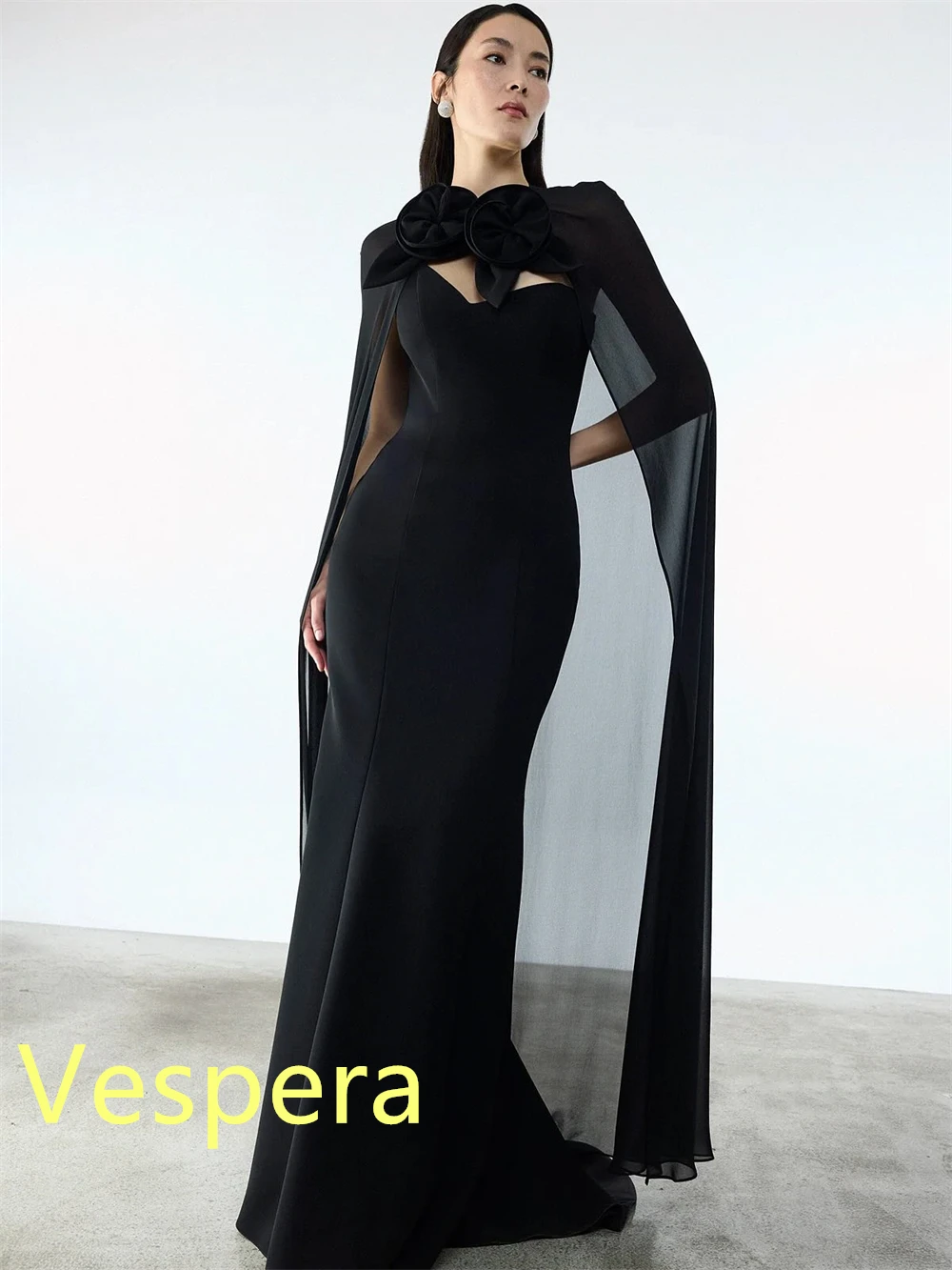 

Customized Classic Black Chiffon Evening Dress Exquisite Strapless Sleeveless Shawl Celebrity Gowns Fashion Vestido De Festa