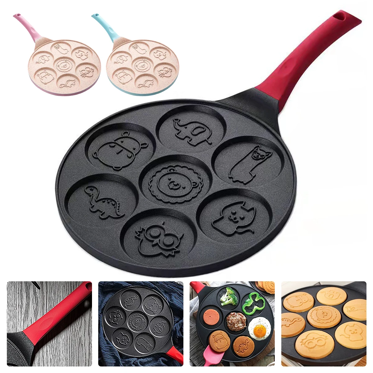 Pancake Pan with Handle 7 Animal Molds Pancake Maker Pan for Kids Non-stick Stovetop Egg Frying Pan Cute Breakfast Griddle Pan