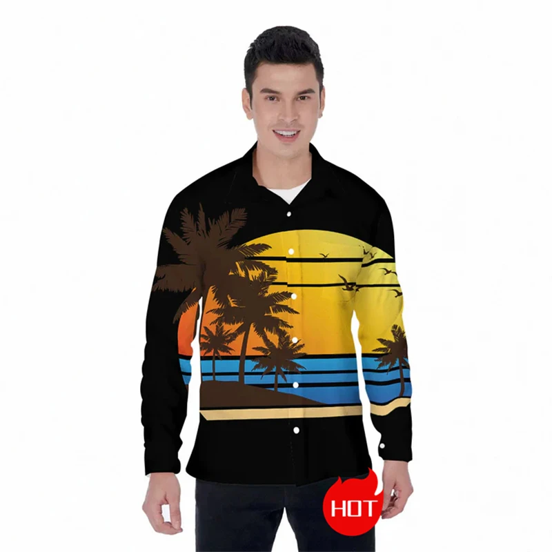 Men's Hawaiian Coconut Tree Pattern Shirts Autumn Beach Sunset Shirt Men's Casual Long Sleeved Shirt Exquisite 3D Printed Shirt