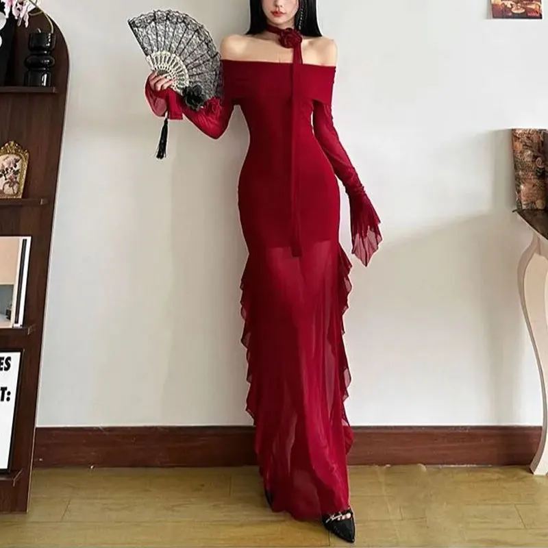

Spring Autumn Aura Slash Neck Long Dress Vintage Off Shoulder Women's Clothing Ribbon Elegant Ruffles Irregular Bag Hip Dresses