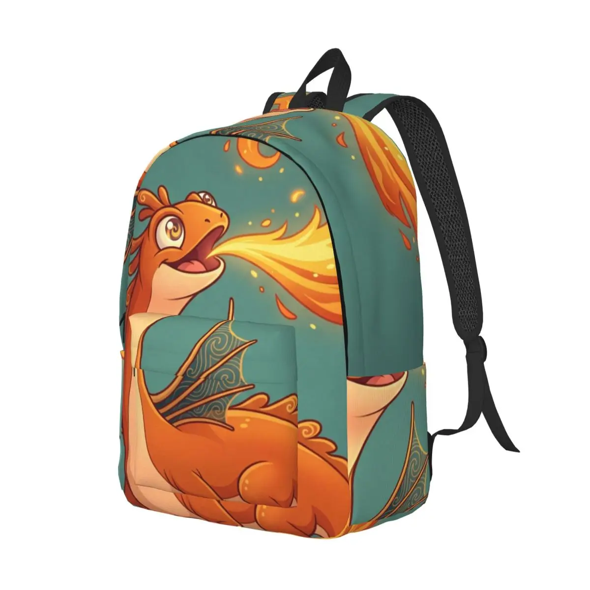 Compact Everyday Backpack Center Fire Creature Whimsical Illustration Vibrant Multi Color Small Printed Bookbag for School Girls