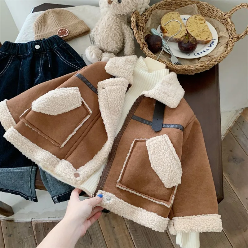 Boys And Girls Winter Korean Style Fur One-piece Deerskin Velvet Warm Coat