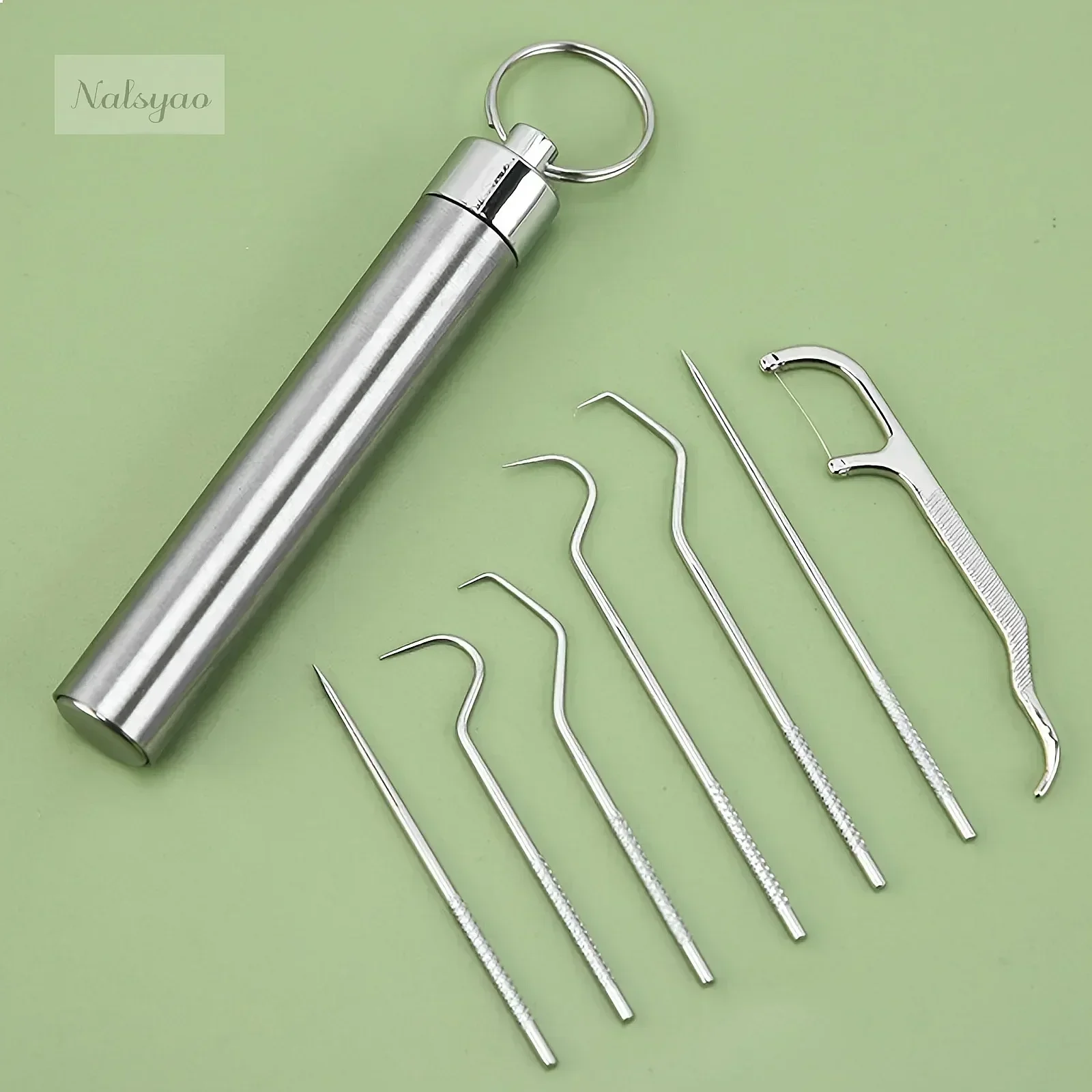 Stainless Steel Toothpicks Pocket Set Portable Reusable Metal Floss Pick Tooth Cleaning Kit with Keychain Holder