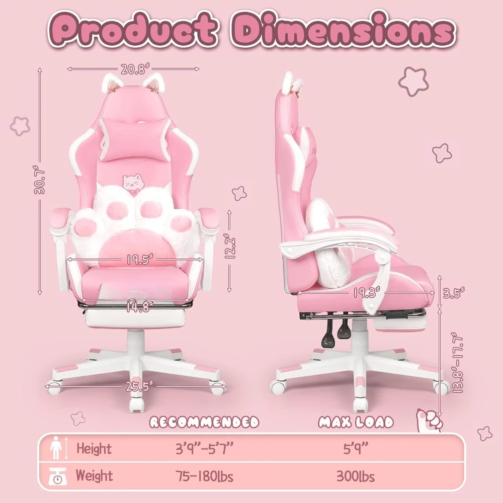 Ergonomic Gaming Chair with Cat Ears and Cat Paw Lumbar Cushion,Computer Chairs W/Footrest and Headrest,Reclining Gaming Chair