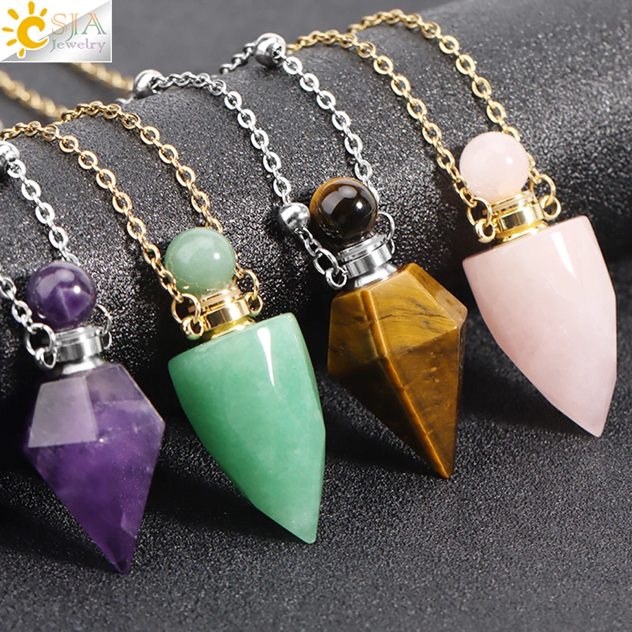 Healing Perfume Bottle Crystal Necklace Natural Stone Amethysts Quartz Essential Oil Diffuser Pendant for Men Women Jewelry H319