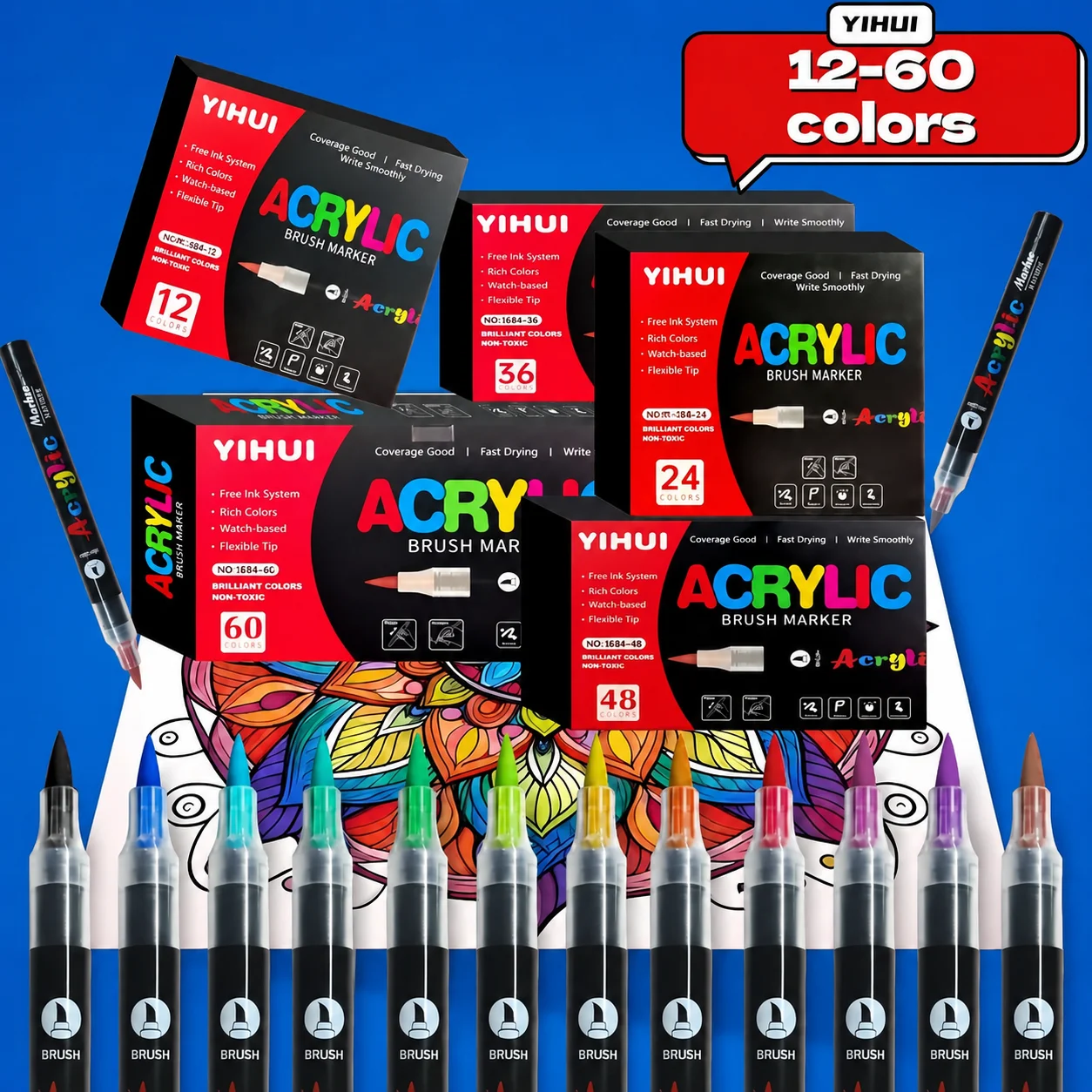 

12-60 Colors Brush Tip Acrylic Markers Set Art Supplies for Rock Wood Canvas Glass Ceramics Adult Coloring & DIY Crafts
