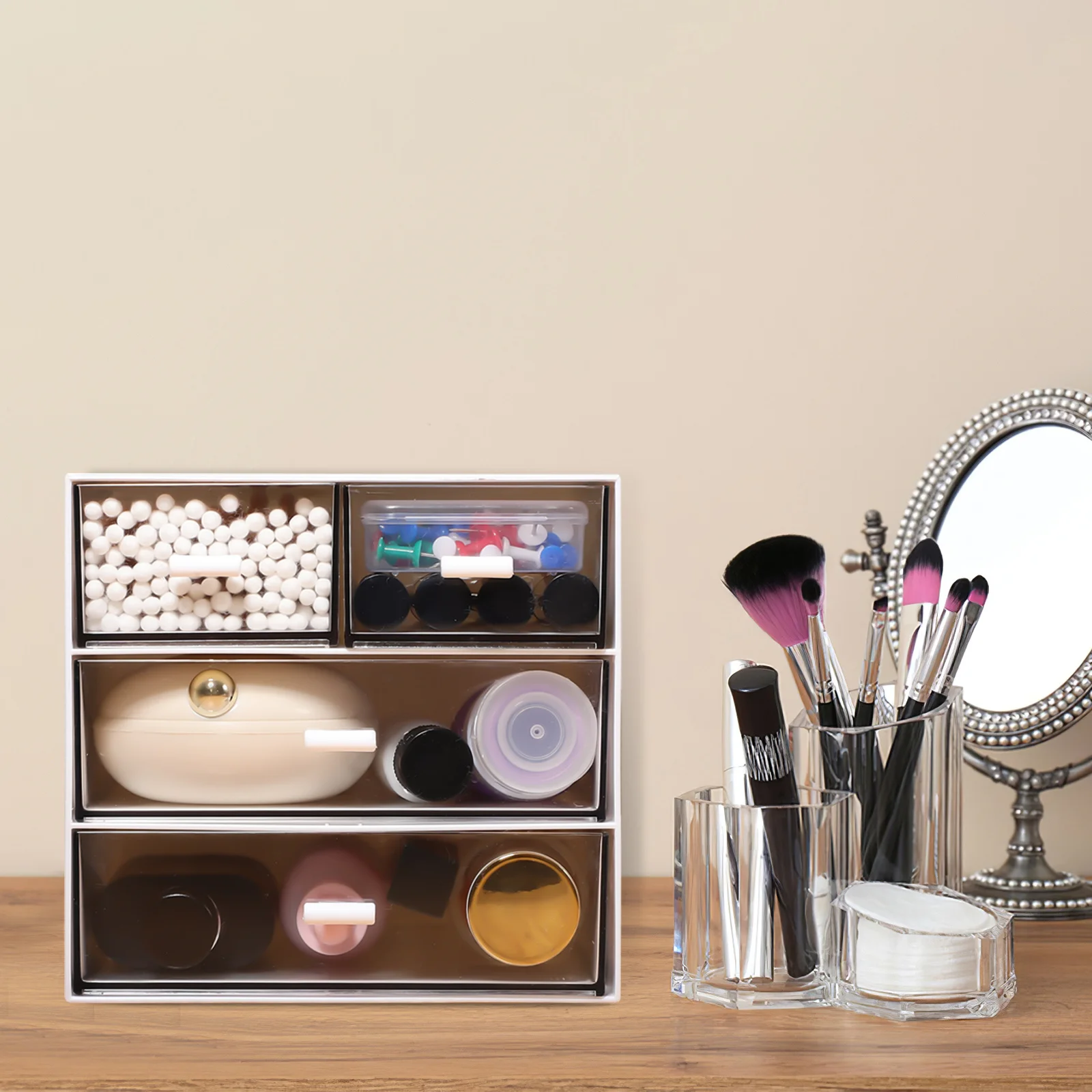 

Desktop Drawer Storage Box 3-Layer 4-Drawer Organizer Transparent Handle Desk Makeup Jewelry Storage Desktop Drawer Organizer