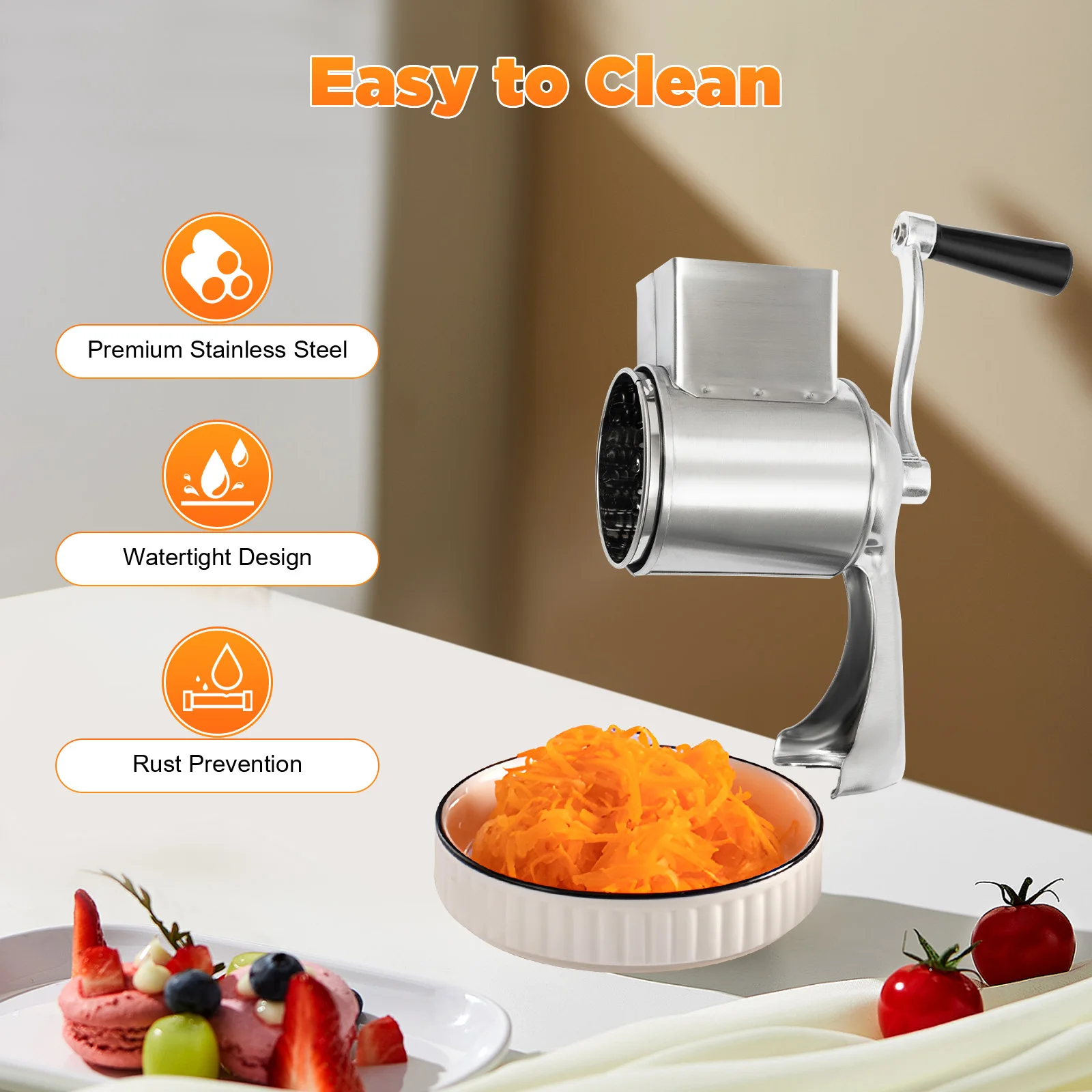 

5 Drum Blades Stainless Steel Manual Rotary Grater Labor-Saving Rustproof Table Clamp Safe Even Cutting Slicer Shredder Grater for Home Kitchen Restaurant Use