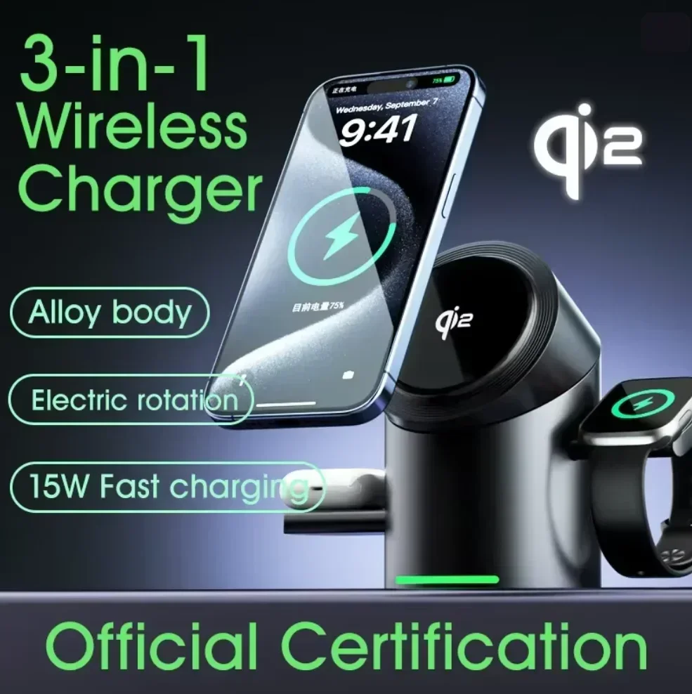 Qi2 Magnetic Wireless Charger 15W Fast Charging Station Touch Control For iPhone Android iWatch AirPods
