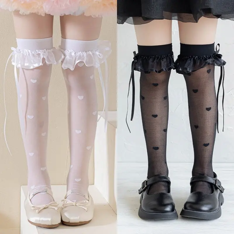 Sweet Summer Thin Girl Sock Korean Fashion Bow Ribbon Calf Sock for Children Heart Dot Style Cute Ruffle Knee High Sock for Kids