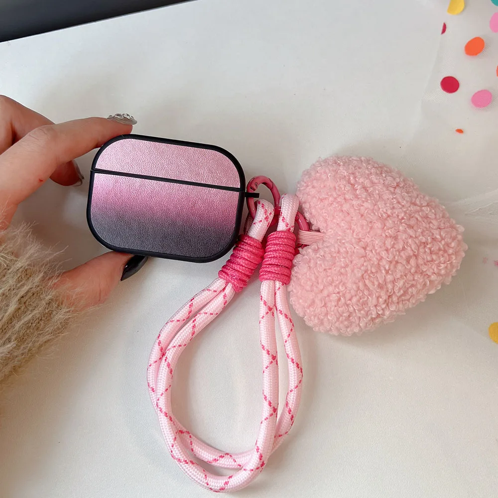 Capa De Couro Gradiente para Apple Airpods Pro 1, 2, 3, Capa Do Fone De Ouvido Bluetooth, Pelúcia, Pingente De Coração, Pulseira Corda, Coréia INS