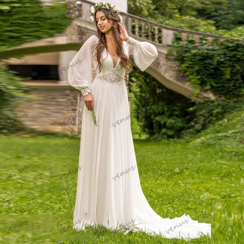 Robe de mariée bohème en mousseline de soie, robes de longueur au sol, robes à manches longues bouffantes, quelque soit le patient, dentelle appliquée, vintage, éducatif, 2024