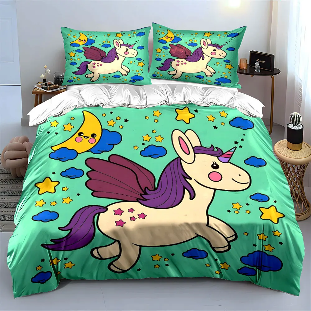Adorable Pegasus in a Magical Night Sky Print Bedding set 3PC 1 duvet cover 2 pillowcases adult and children bedding set