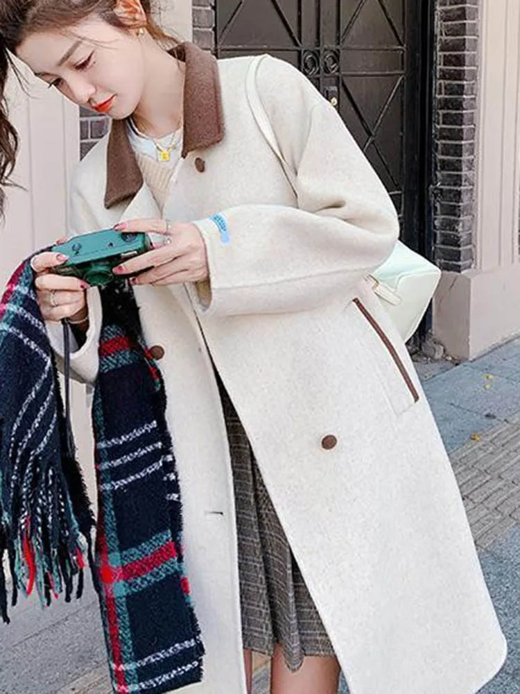 ملابس خارجية كورية أنيقة من الصوف سترات نسائية غير رسمية برقبة على شكل طية صدر مزدوجة سترات خريف وشتاء بأكمام طويلة من مزيج الصوف Chaquetas