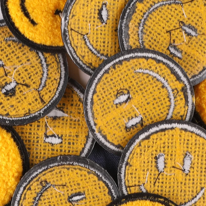 5Pcs Yellow Smiling Face Chenille Towel Embroidered Iron On Patches For on Hat Jeans Sticker Sew-on Fashion Clothes Applique