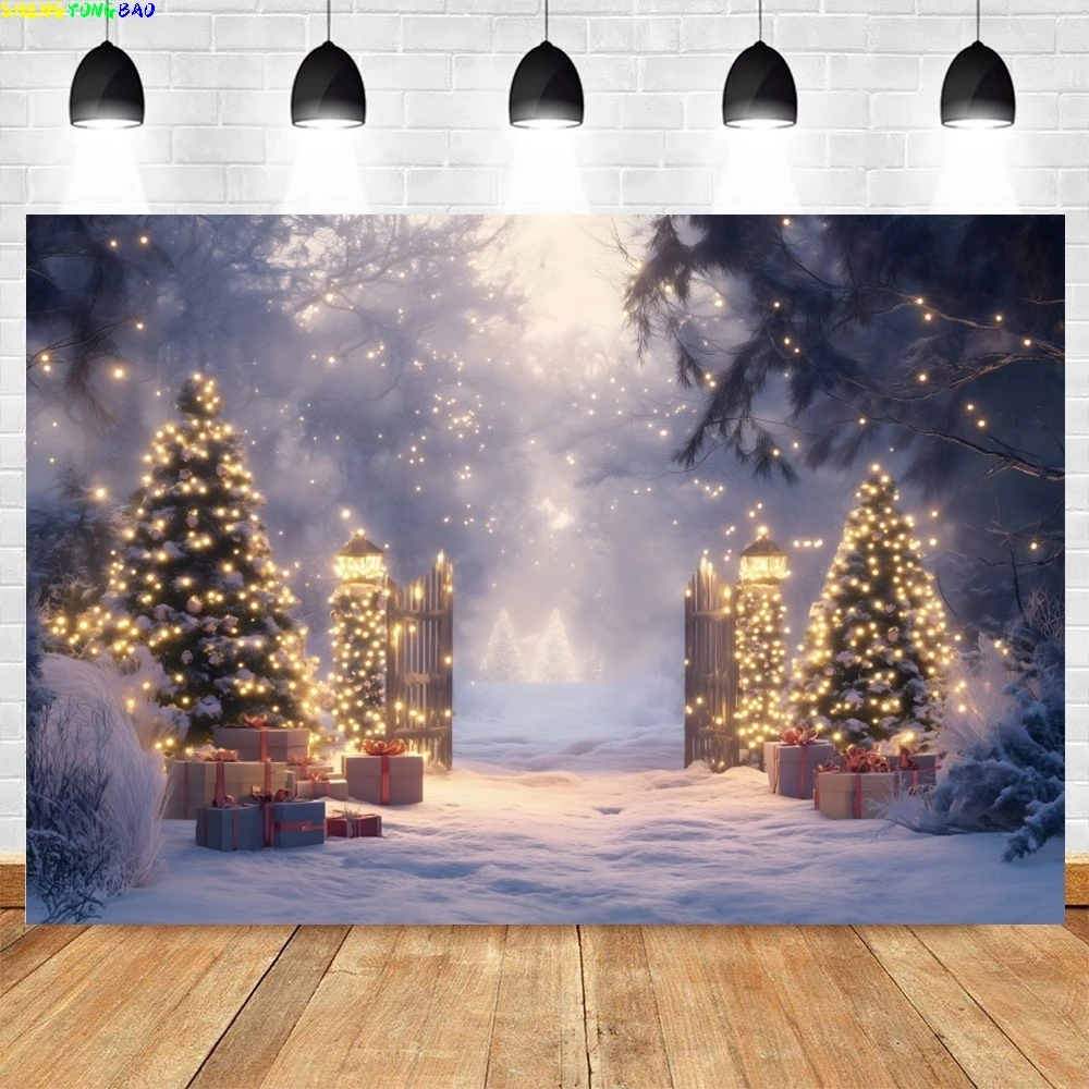Winter Snowy Forest Christmas Backdrop Photography Xmas Tree Pine Fence Shining Lights Kids Portrait Background Photo Props