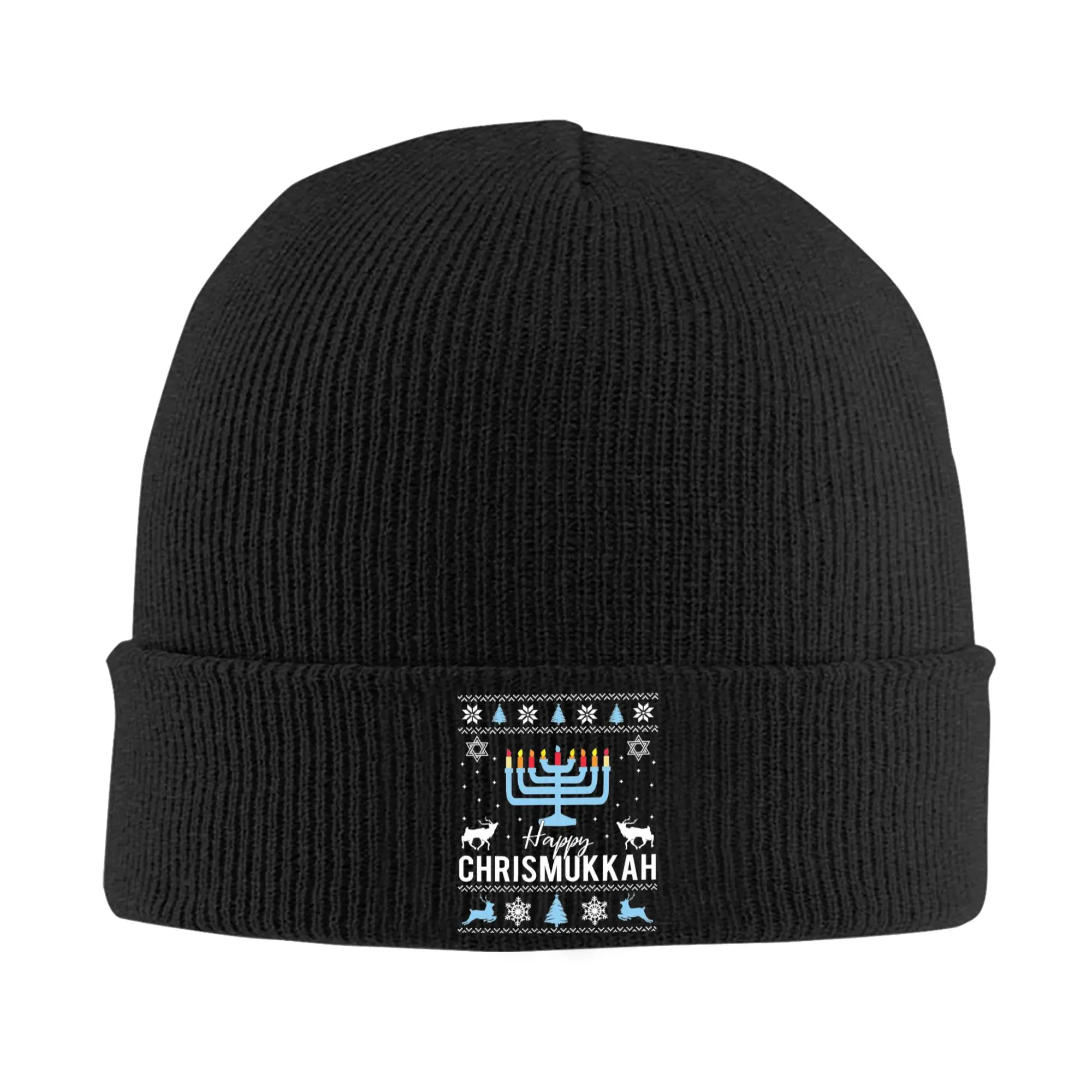 Happy Chrismukkah Hanukkah Hat Autumn Winter Skullies Beanies Warm  Caps Unisex Acrylic Bonnet