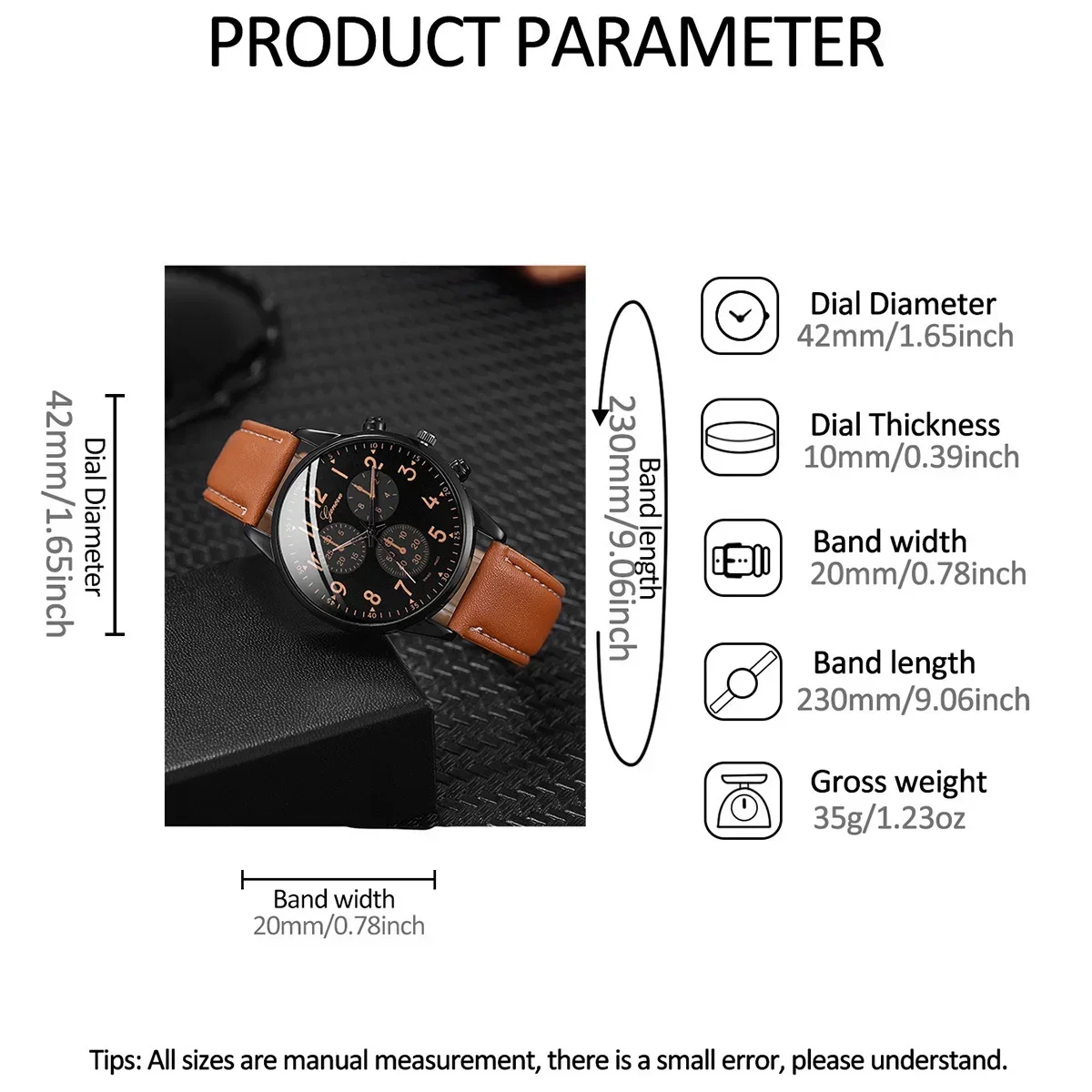 4Pcs/set Men's fashion Trend Brown PU leather quartz watch and bracelet set