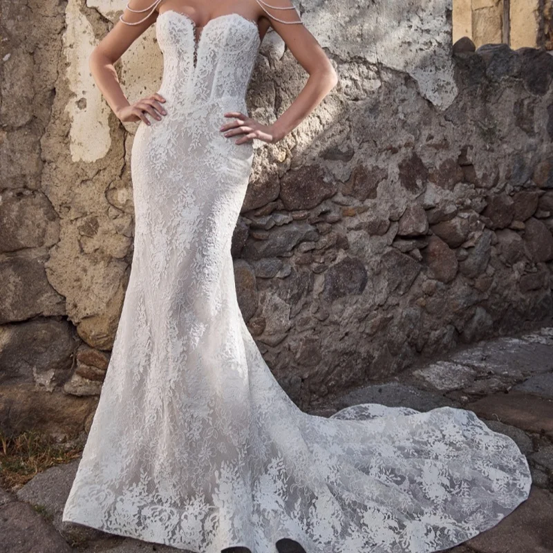 Shiny White Wedding Dresses The corset Lace decal Bridal Gownsf detachable train fishtail multi-layer Made ﻿Customize