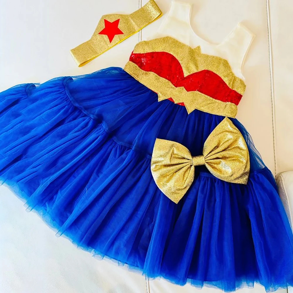 Baby Girls Dian Prince Party Dresses Kids Movie Woman Cosplay Tutu Gown Toddler Girl 1st Birthday Dress Infant New Bow Costume