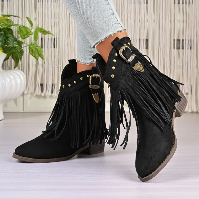 Women's New Studed Metal Buckle Block Heel Single Boots  Fashion Pointed Toe Suede Tassel Boots