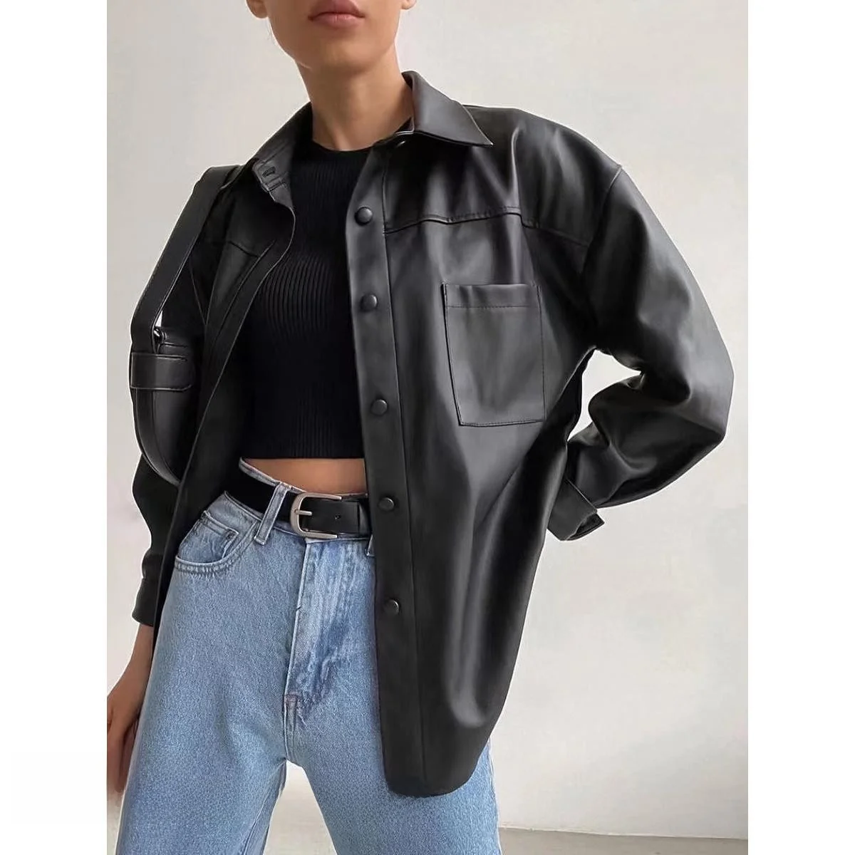 Casual Bla PU cuero Jaet Faionable versátil solapa Top viaje Sle suelta ajuste largo Sve abrigo de longitud media